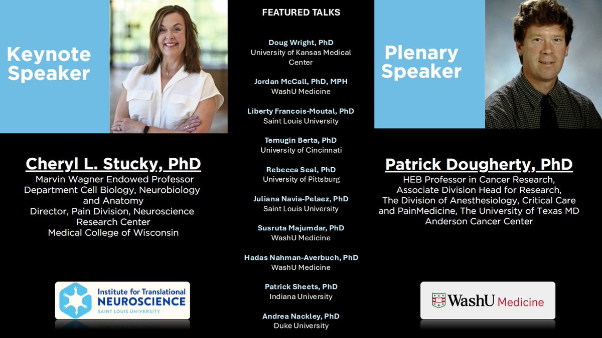 WashUONR's tweet image. Join the St. Louis Translational Pain Research Forum September 26-27, 2025, hosted by the Institute of Translational Neuroscience @SLU_Official and @WashUClinPharm

Register Here: bit.ly/4n3Uo6F