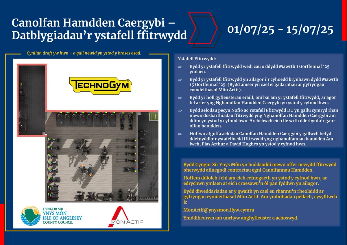 MonActif (@mon_actif) on Twitter photo 📣 Canolfan Hamdden Caergybi – Uwchraddio’r Ystafell Ffitrwydd
Newidiadau cyffrous ar y ffordd!
❗Bydd yr ystafell ffitrwydd ar gau 1–15 Gorffennaf 2025.
<a href="/cyngormon/">Cyngor Sir Ynys Môn</a> 📣 Canolfan Hamdden Caergybi – Uwchraddio’r Ystafell Ffitrwydd
Newidiadau cyffrous ar y ffordd!
❗Bydd yr ystafell ffitrwydd ar gau 1–15 Gorffennaf 2025.
<a href="/cyngormon/">Cyngor Sir Ynys Môn</a>