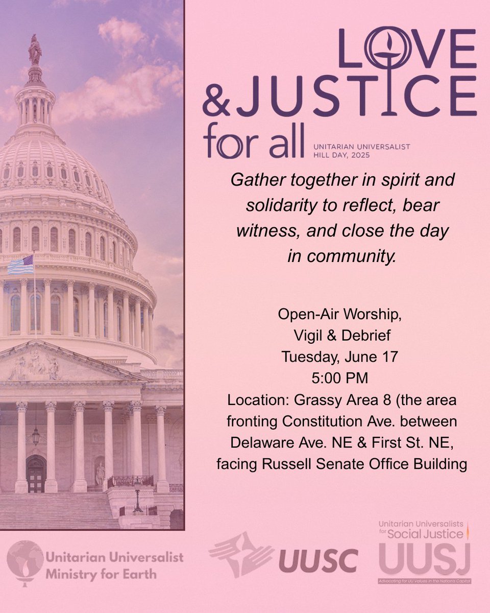 UUSJ's tweet photo. Join @UUSC @UUSJ @UUMFE for a vigil at the Capitol for vigil to close out a successful Lobby Day.
Today at 5:00 pm at
Constitution Ave. between Delaware Ave. NE & First St. NE, facing Russell Senate Office Building
#UUHillDay #uuaga https://t.co/iTZiM0Ht9y
