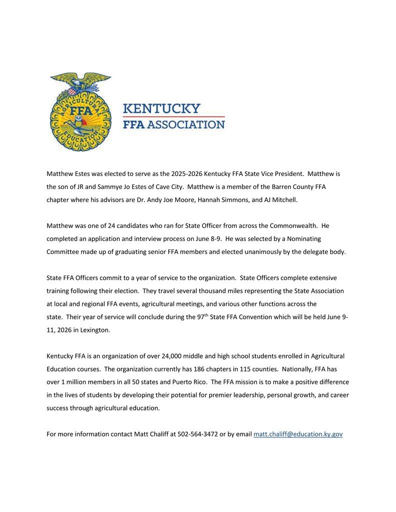 Congratulations to Matthew Estes, who was elected to serve as the 2025-2026 Kentucky FFA State Vice President!  So proud of Matthew for his achievement and initiative!
#WeareBC