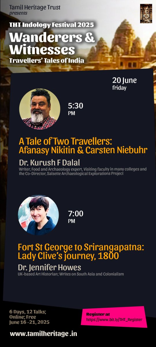 Day 5 (20-Jun, Fri) of #THTIndoFest25

5:30 pm : Dr. Kurush Dalal narrates a tale of Russian traveler Afanasy Nikitin &amp; German explorer Carsten Niebuhr

7:00 pm : Dr. Jennifer Howes traces Lady Henrietta Clive's travel from Fort St George to Srirangapatna

youtube.com/watch?v=OesxUQ…