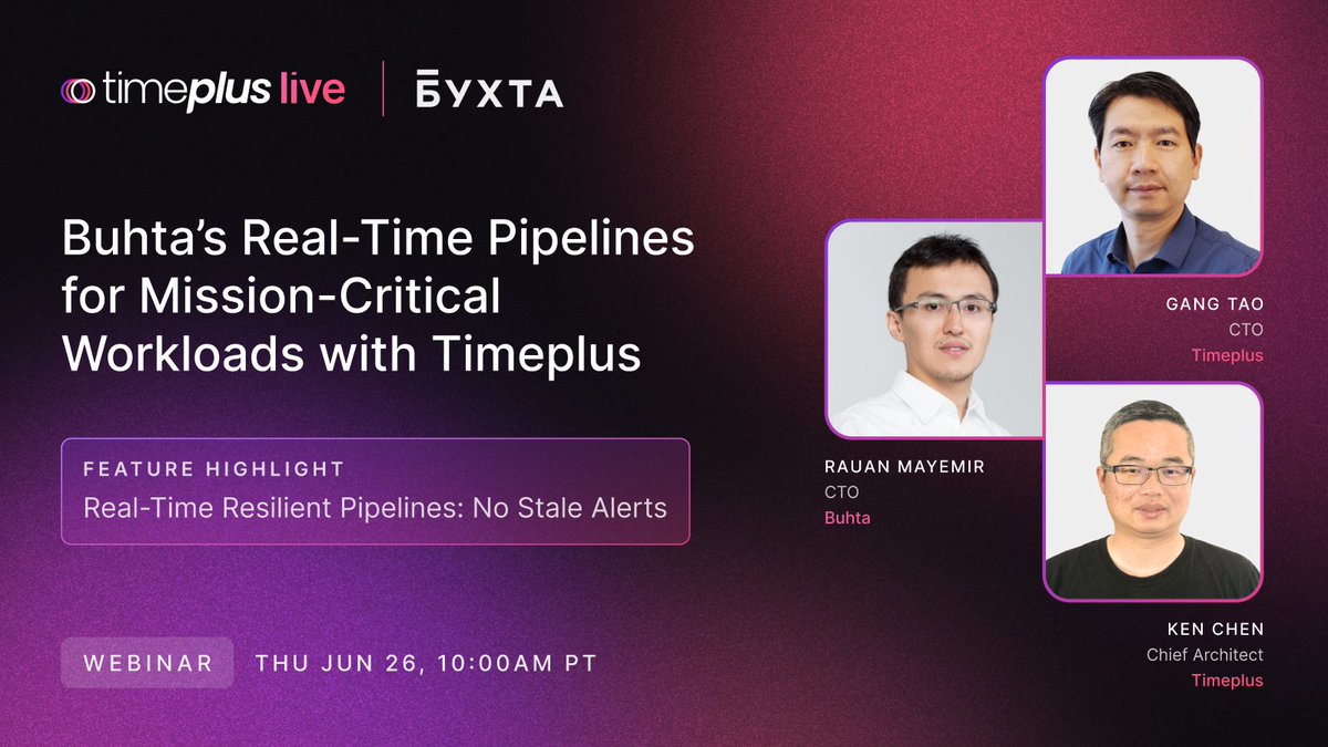 Timeplus (@timeplusdata) on Twitter photo ποΈ Upcoming webinar: <a href="/rauanmayemir/">Rauan Mayemir</a> (CTO of our customer <a href="/Buhta_kz/">ΠΡΡ
ΡΠ°</a>) joins us to share how his team builds elastic, reliable #ETL #pipelines using Timeplus, powering mission-critical workloads.
Join us on June 26! Register to save your spot:
timeplus.com/webinar-buhta-β¦ ποΈ Upcoming webinar: <a href="/rauanmayemir/">Rauan Mayemir</a> (CTO of our customer <a href="/Buhta_kz/">ΠΡΡ
ΡΠ°</a>) joins us to share how his team builds elastic, reliable #ETL #pipelines using Timeplus, powering mission-critical workloads.
Join us on June 26! Register to save your spot:
timeplus.com/webinar-buhta-β¦