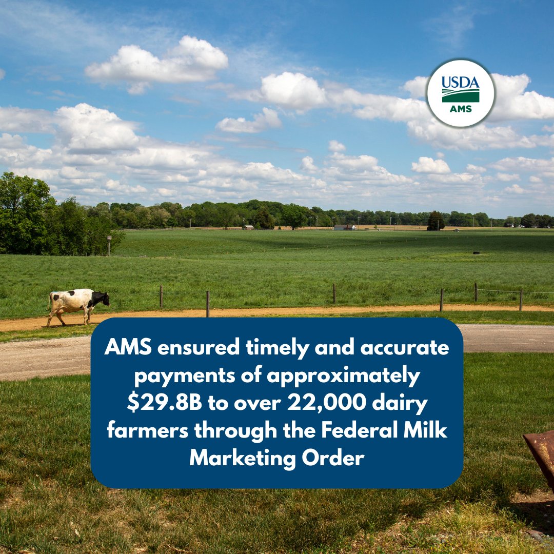 AMS ensured timely and accurate payments of approximately $29.8 billion to over 22,000 dairy farmers by conducting 12,700 audits and 48,614 chemistry tests and verifying 691,129 producer milk samples through the Federal Milk Marketing Order.