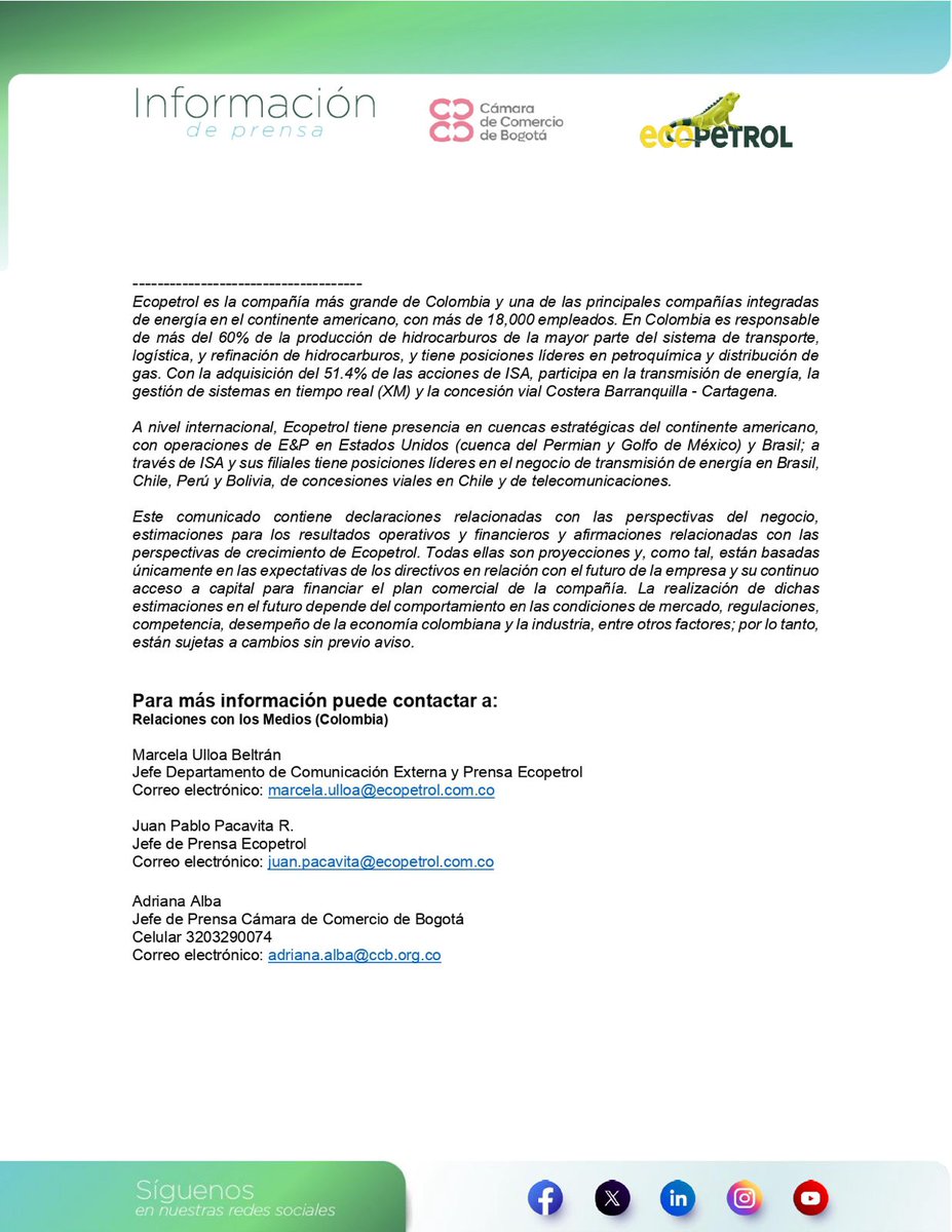 Ecopetrol (@ecopetrol_sa) on Twitter photo #BuenasNoticias | Ecopetrol y <a href="/camaracomerbog/">Cámara de Comercio de Bogotá</a> inauguran el Centro de Innovación Bogotá 🧠⚡
Un espacio para impulsar IA, IoT y ciberseguridad en la región, como parte de la red #Econova que acelera la transición energética del país.
Lee el comunicado ⬇️ #BuenasNoticias | Ecopetrol y <a href="/camaracomerbog/">Cámara de Comercio de Bogotá</a> inauguran el Centro de Innovación Bogotá 🧠⚡
Un espacio para impulsar IA, IoT y ciberseguridad en la región, como parte de la red #Econova que acelera la transición energética del país.
Lee el comunicado ⬇️
