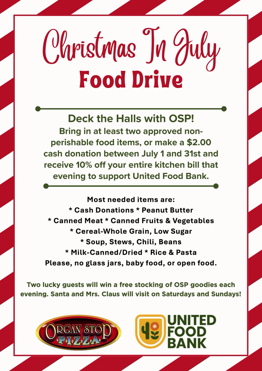 Organ Stop Pizza (@organstoppizza) on Twitter photo Get ready! One of our favorite times of year! Celebrate Christmas in July with <a href="/UnitedFoodBank/">United Food Bank</a> Get ready! One of our favorite times of year! Celebrate Christmas in July with <a href="/UnitedFoodBank/">United Food Bank</a>