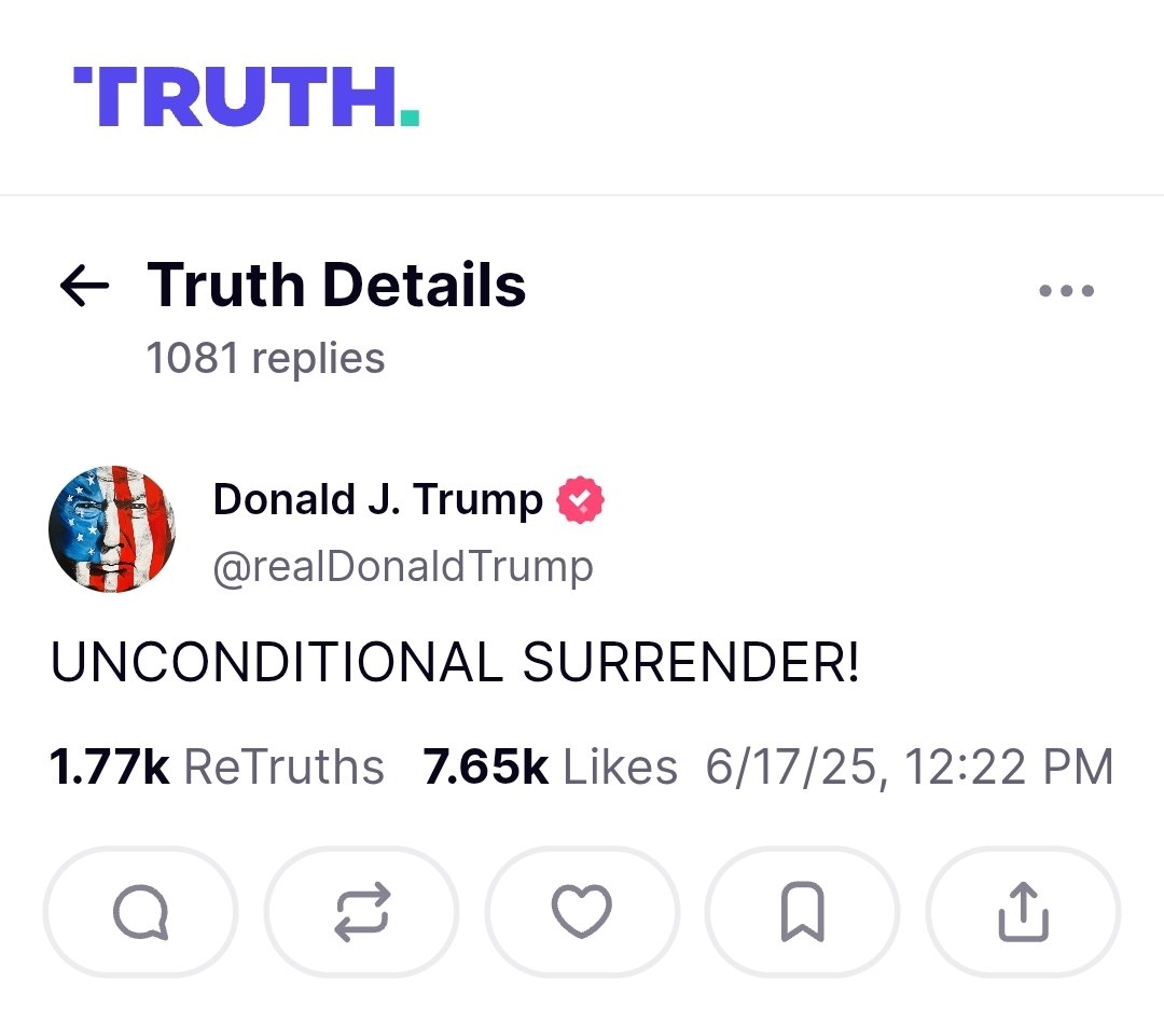 President Trump declares unconditional surrender to Iran and Supreme Leader Khamenei.