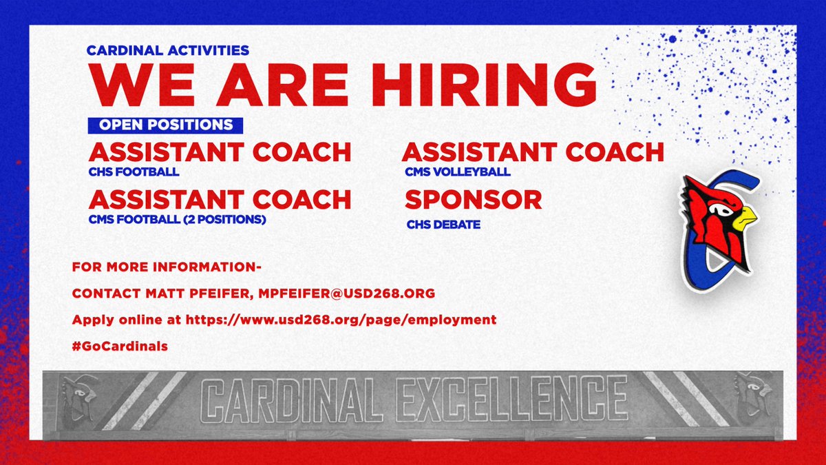 USD 268 has several supplemental positions available. If you are interested in applying, please check out our website or contact Matt Pfeifer, mpfeifer@usd268.org.