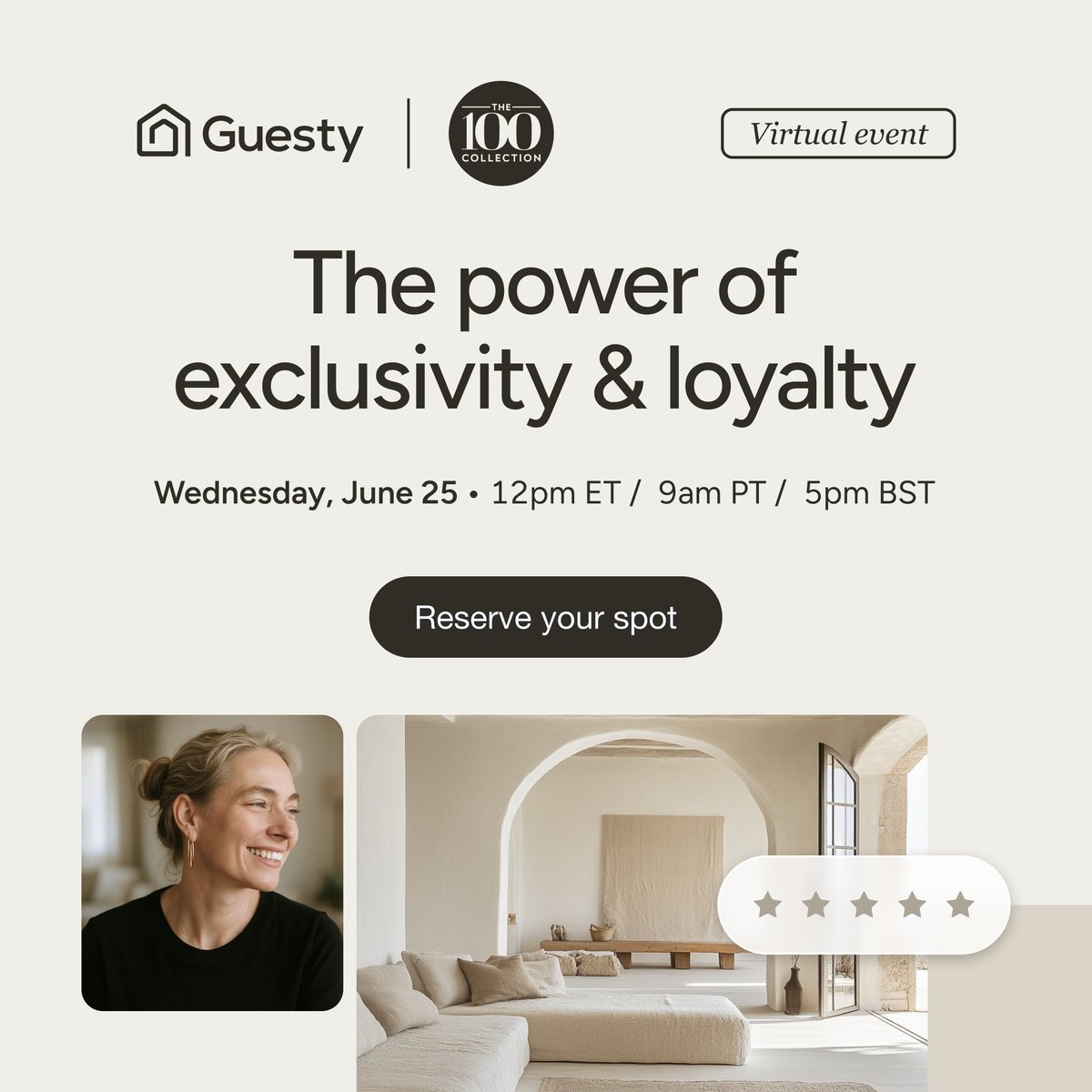 Repeat bookings don’t just happen. 
They’re earned - with trust, consistency, and a brand guests want to return to.

Join us for a webinar on how short-term rental operators can turn elevated experiences into long-term relationships.

🎟 Save your spot: guesty.com/event-lp/exclu…