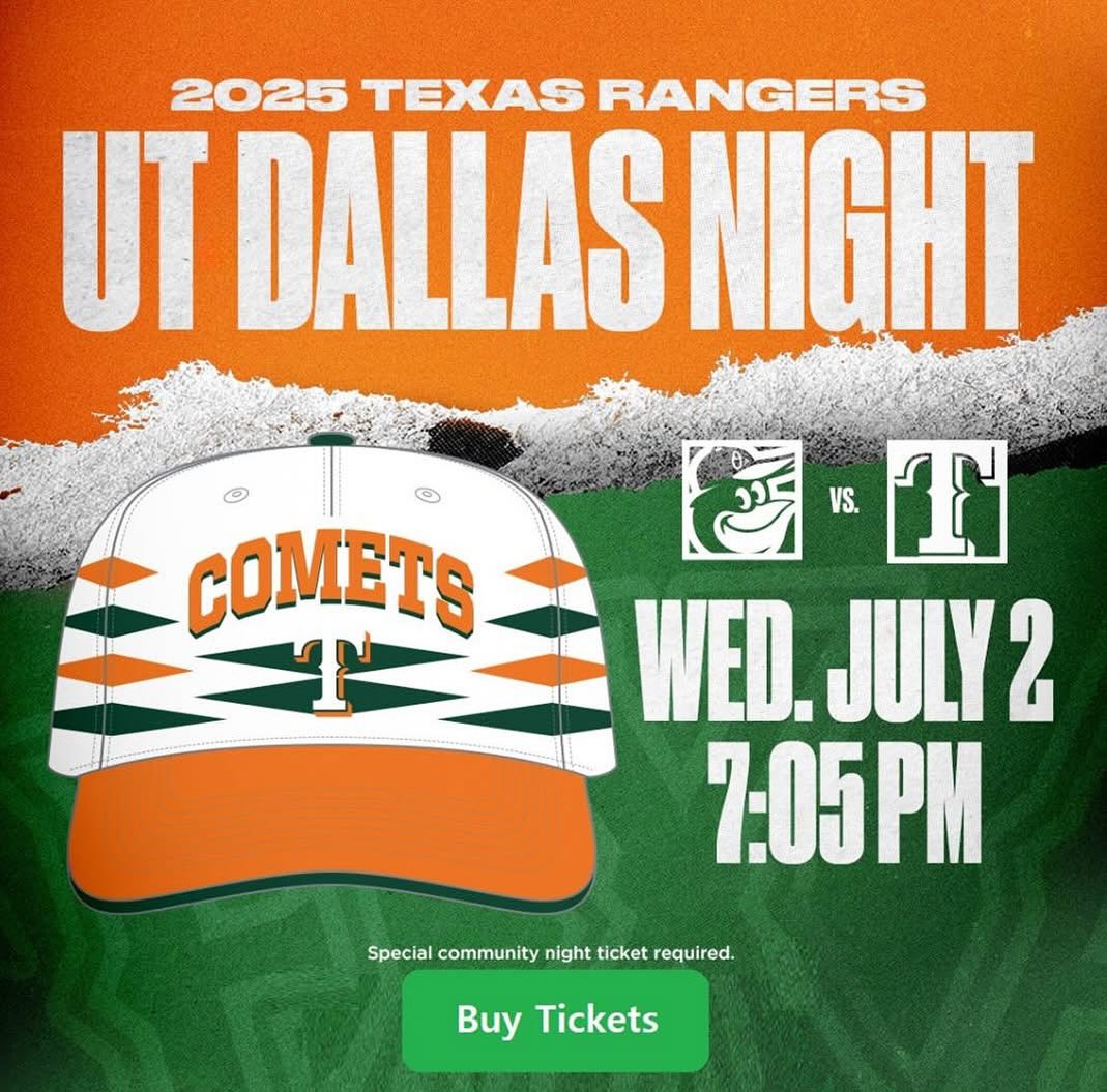 🎉⚾ UT Dallas Night at the Rangers is almost here! ⚾🎉

Join your Comet fam at Globe Life Field on July 2 @ 7:05 PM to cheer on the Rangers + grab your exclusive UTD/Rangers cap 🧢💚

🎟️ Tickets: gofevo.com/event/Universi…
(Cap only with tix from this link!)

#ForeverComets