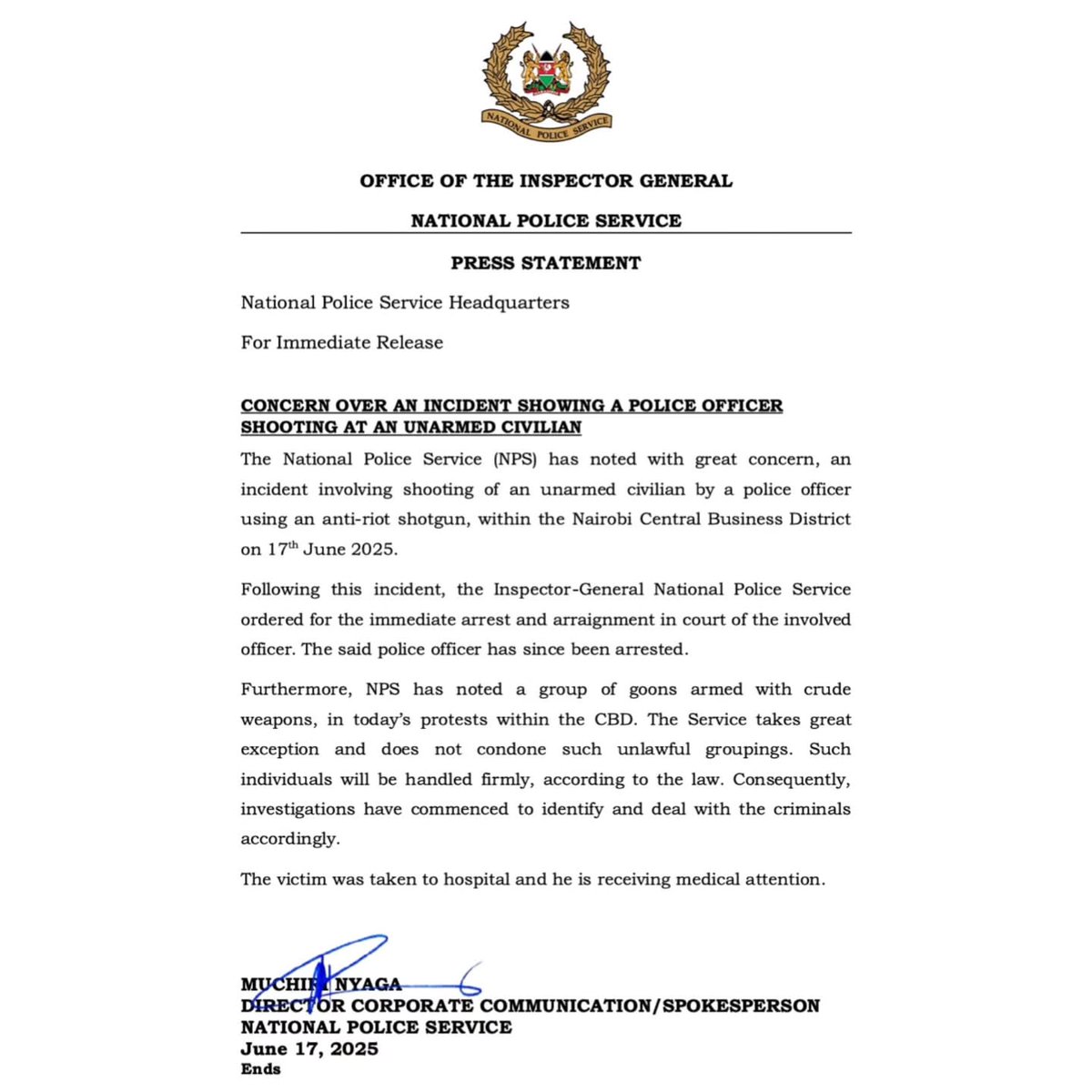 The National Police Service spokesperson says they have arrested the police man who shot at Eli Joshua the mask man