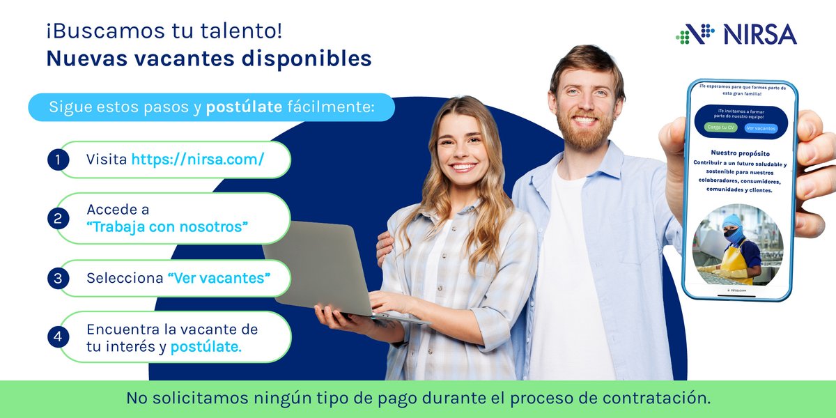 #QuieroSerParteDeNIRSA 📣 | Si estás buscando una oportunidad para desarrollarte profesionalmente, este es tu momento.
Ingresa a 👉 nirsa.com y postúlate a nuestras vacantes disponibles o deja tu hoja de vida para futuras oportunidades.