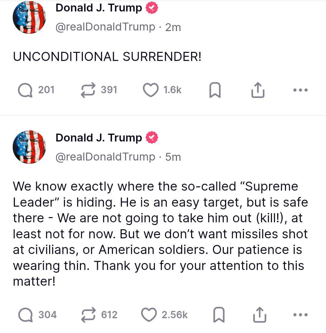 ہمیں معلوم ہے کہ ایرانی سپریم لیڈر کہاں ہیں۔ وہ ہمارے لیے ایک آسان ہدف ہیں، لیکن اس وقت ہم انہیں قتل نہیں کریں گے، ڈونلڈ ٹرمپ