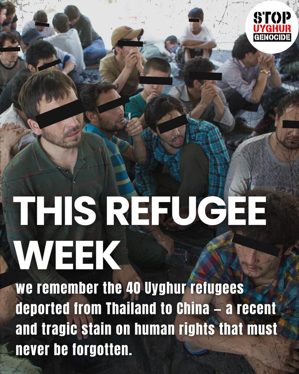 Stop Uyghur Genocide (@uyghurstop) on Twitter photo This #RefugeeWeek, we remember the 40 Uyghurs cruelly detained in Thailand for 11 years—then handed to China in Feb 2025.
We fought to save them. The pain of their forced return is haunting.
The Thai gov enabled this tragedy. The free world stood by in silence.
<a href="/MahmutRahima/">Rahima Mahmut</a> This #RefugeeWeek, we remember the 40 Uyghurs cruelly detained in Thailand for 11 years—then handed to China in Feb 2025.
We fought to save them. The pain of their forced return is haunting.
The Thai gov enabled this tragedy. The free world stood by in silence.
<a href="/MahmutRahima/">Rahima Mahmut</a>