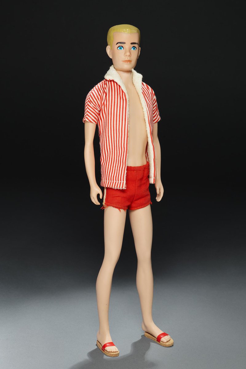 This Ken is a #TextileTuesday! Introduced by Mattel Inc. in 1961, Kenneth Sean “Ken” Carson Jr. was the “main squeeze” for Barbie. While the original Ken doll sold for $3.50, this Ken hit shelves circa 1963, dressed for a day at the beach, and retailed for approximately $2.29.