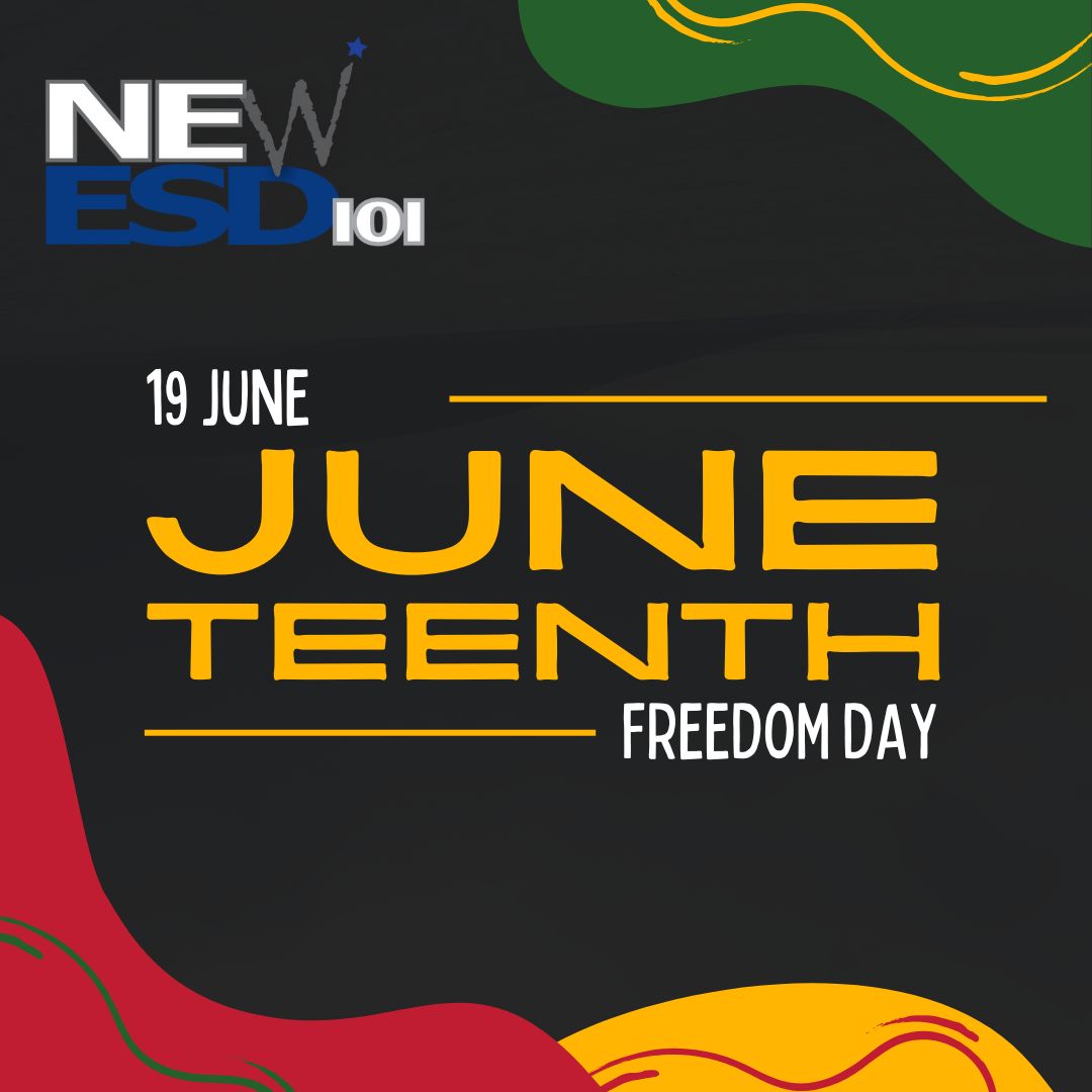 #NEWESD101 will be closed this Thursday, June 19, in observance of #Juneteenth.

Also known as #FreedomDay, Juneteenth commemorates the end of slavery in the U.S. &amp; honors the ongoing pursuit of equity, justice &amp;  liberation for all.

 Learn more at bit.ly/3ZCT3tn