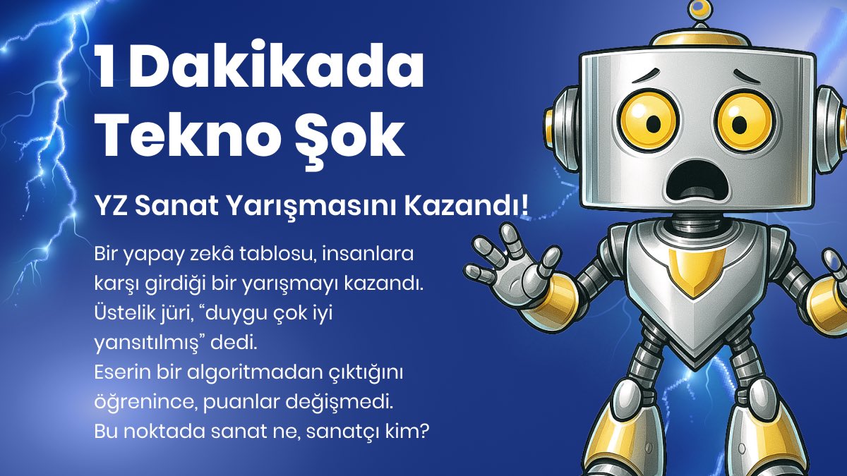 🎨 Bir yapay zekâ tablosu, insanlara karşı girdiği bir yarışmayı kazandı.
Üstelik jüri, “duygu çok iyi yansıtılmış” dedi.

🤖 Eserin bir algoritmadan çıktığını öğrenince, puanlar değişmedi.
Bu noktada sanat ne, sanatçı kim?

#TeknoŞok #YapayZekaSanatı #Aurix