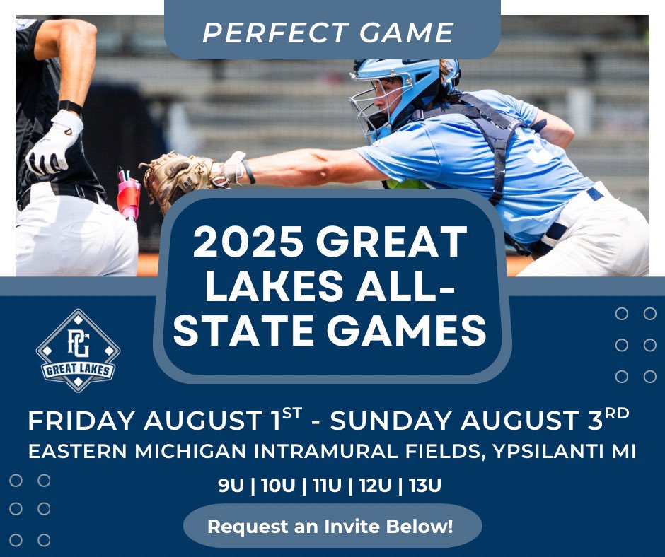 Come join Perfect Game Great Lakes at the 2025 All State Games
From August 1st-3rd at Eastern Michigans Intramural Fields in Ypsilanti Michigan! 

Request an invite using the link below in your age group: 
perfectgame.org/Schedule/Group…
