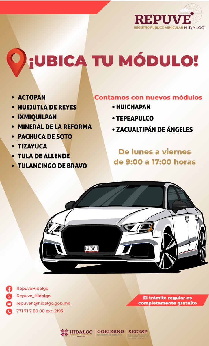 Repuve_Hidalgo's tweet image. 🚗✅ ¡No dejes pasar esta oportunidad!  

Registra tu vehículo en el módulo #REPUVE más cercano.  

👮‍♂️ Acércate a los módulos del REPUVE Hidalgo y cumple con este importante trámite.  

📢 Infórmate y participa. ¡La seguridad es tarea de todas y todos!  

#REPUVEHidalgo