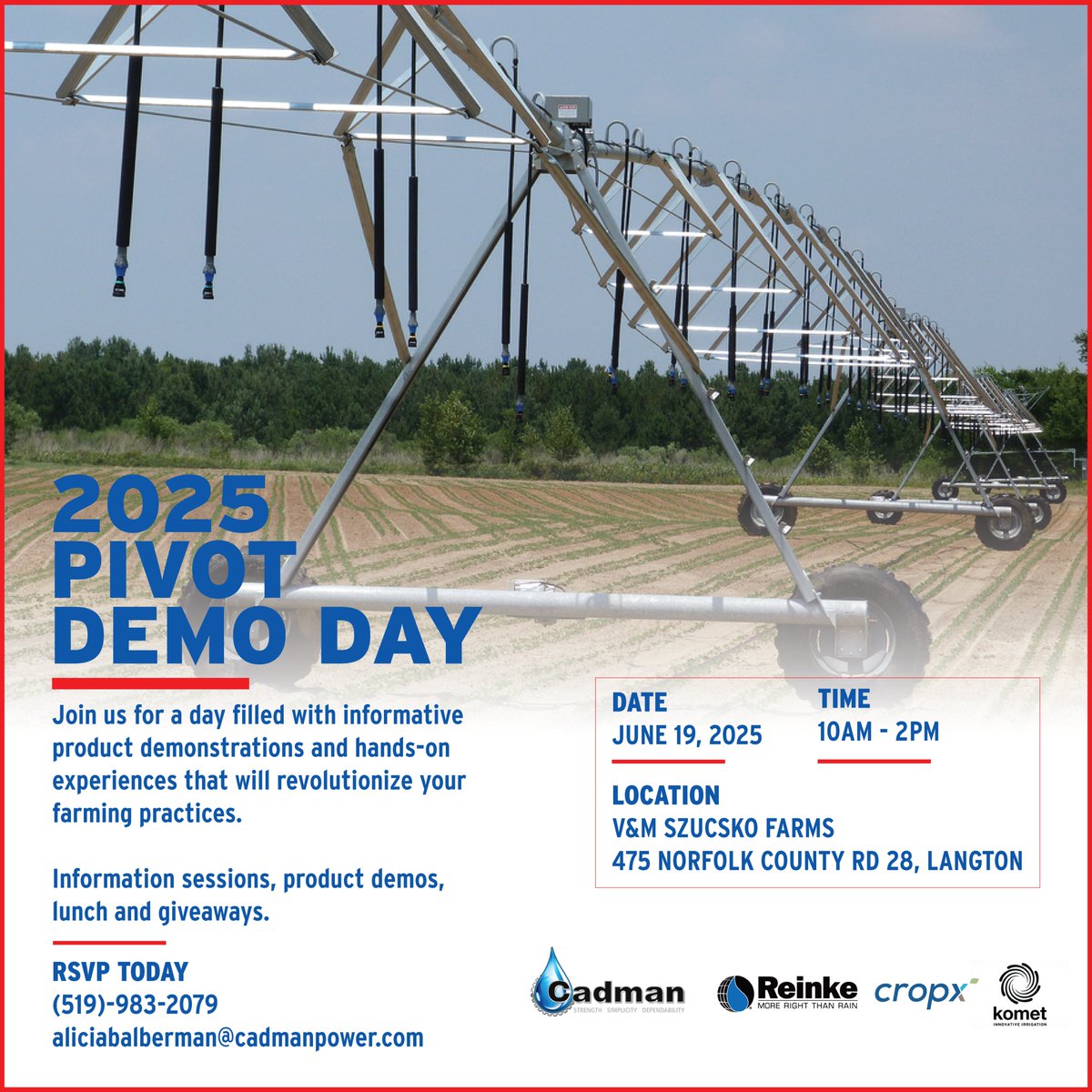 CadmanPower's tweet image. 💧 Looking for a smarter way to irrigate? See @Reinke_Irr Pivots in action at our Demo Day this Thursday, 10–2 at V & M Szucsko Farms, Langton, ON!
✅ Live demo
✅ Expert tips
✅ Food & prizes
RSVP to Alicia (519) 983-2079
#PivotIrrigation #OntAg #CadmanPower #ReinkePivots