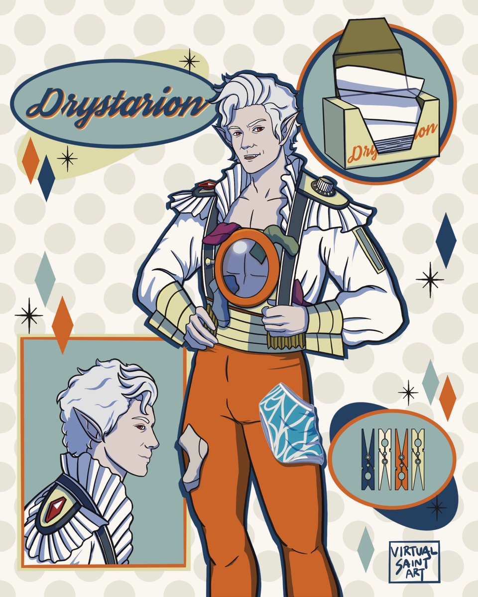 virtualsaintart's tweet image. Date Everything drops today and I present you Drystarion. I reworked the design to make it feel more me. This one was inspired by a 1960s aesthetic and based on the English Electric Liberator tumble dryer. IG: VirtualSaintArt #dateeverything #drysdale #astarion #bg3 #neilnewbon