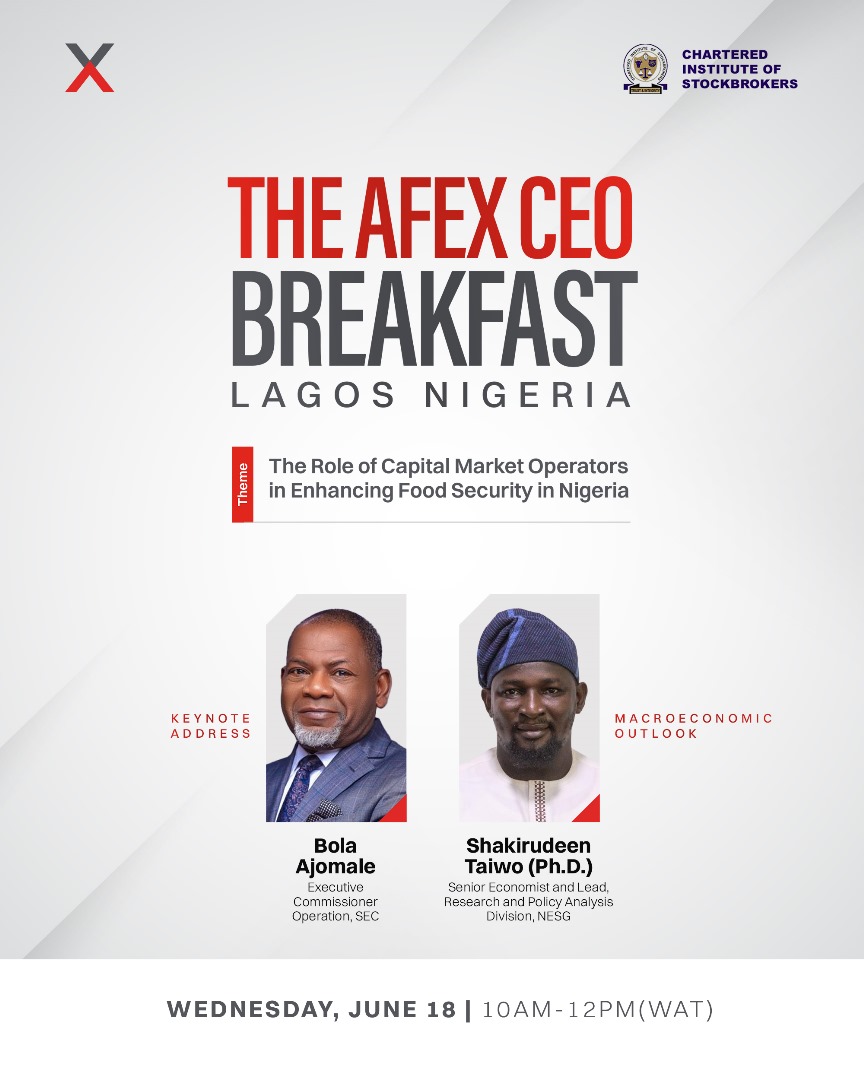 The CEO Breakfast brings together industry leaders across the capital market and commodities ecosystem to explore partnerships that can drive investment in agriculture.   

This edition is themed “The Role of Capital Market Operators in Enhancing Food Security in Nigeria.