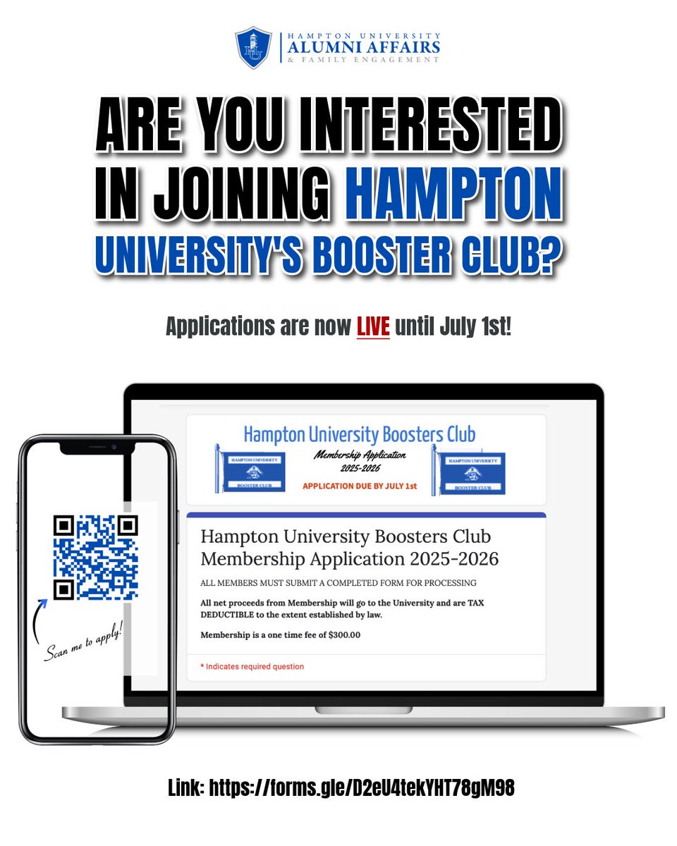 Are you ready to boost the legacy of our Home by the Sea? 💙🌊 Join the HU Boosters Club today!

🗓 Apps due by July 1
💸 $300 tax-deductible
🔗 forms.gle/D2eU4tekYHT78g…

#OneHampton
