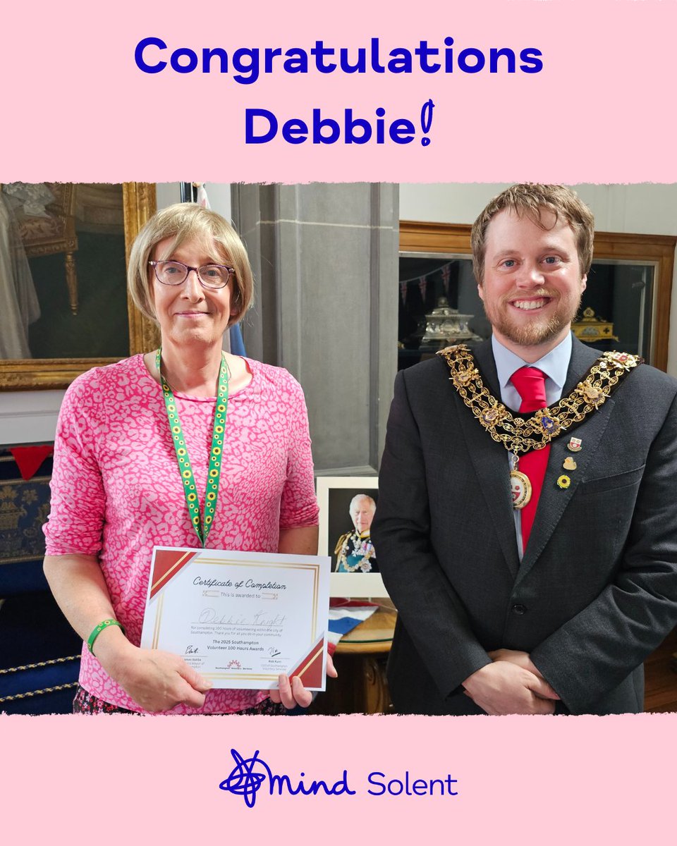 The Mayor of Southampton has presented Debbie with an award for volunteering over 100 hours with Solent Mind! Congratulations and thank you for your continued support 💙

If you'd like to volunteer with us, register your interest: solentmind.org.uk/support-us/vol…