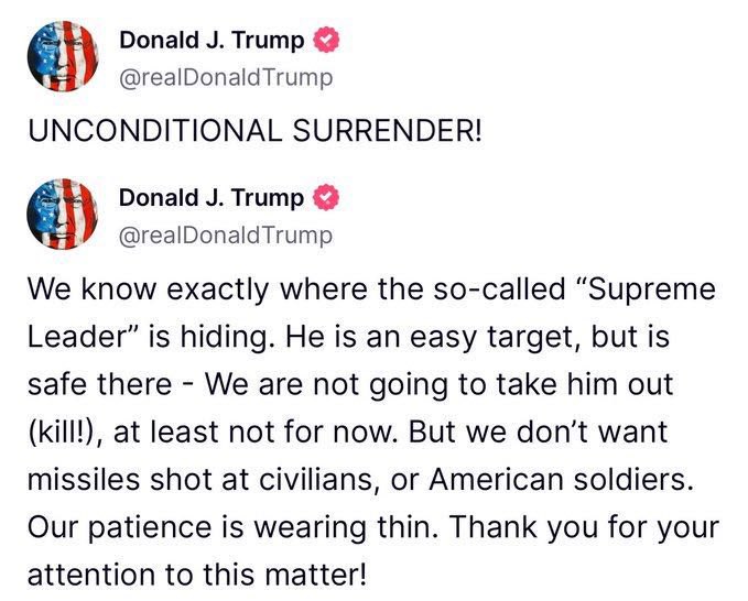 极限施压！是伊朗做出明智选择的时候了。

重磅突发：川普总统刚刚发文要求伊朗无条件同意放弃核武，实现真正的和平。