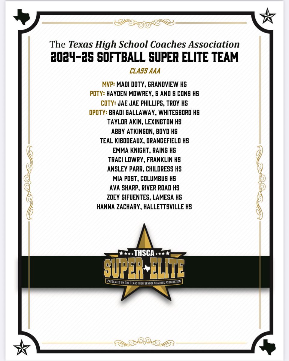 Taylor Akin 2027 (@taylorakin2027) on Twitter photo Thanks to <a href="/THSCAcoaches/">THSCA</a> for considering me for the Super Elite Team in Class 3A. I was fortunate to have a lot of great players backing me up <a href="/_LEXsoftball/">Lexington High School Softball</a>. <a href="/uiltexas/">Texas UIL</a> <a href="/BlazeKTXGold16U/">TexasBlazeKTXGold16U</a> <a href="/BlazeFastpitch/">Texas Blaze</a> <a href="/C_robertson10/">Cory Robertson</a> <a href="/CoachMara327/">Mara Heidemann Bonilla</a> Thanks to <a href="/THSCAcoaches/">THSCA</a> for considering me for the Super Elite Team in Class 3A. I was fortunate to have a lot of great players backing me up <a href="/_LEXsoftball/">Lexington High School Softball</a>. <a href="/uiltexas/">Texas UIL</a> <a href="/BlazeKTXGold16U/">TexasBlazeKTXGold16U</a> <a href="/BlazeFastpitch/">Texas Blaze</a> <a href="/C_robertson10/">Cory Robertson</a> <a href="/CoachMara327/">Mara Heidemann Bonilla</a>