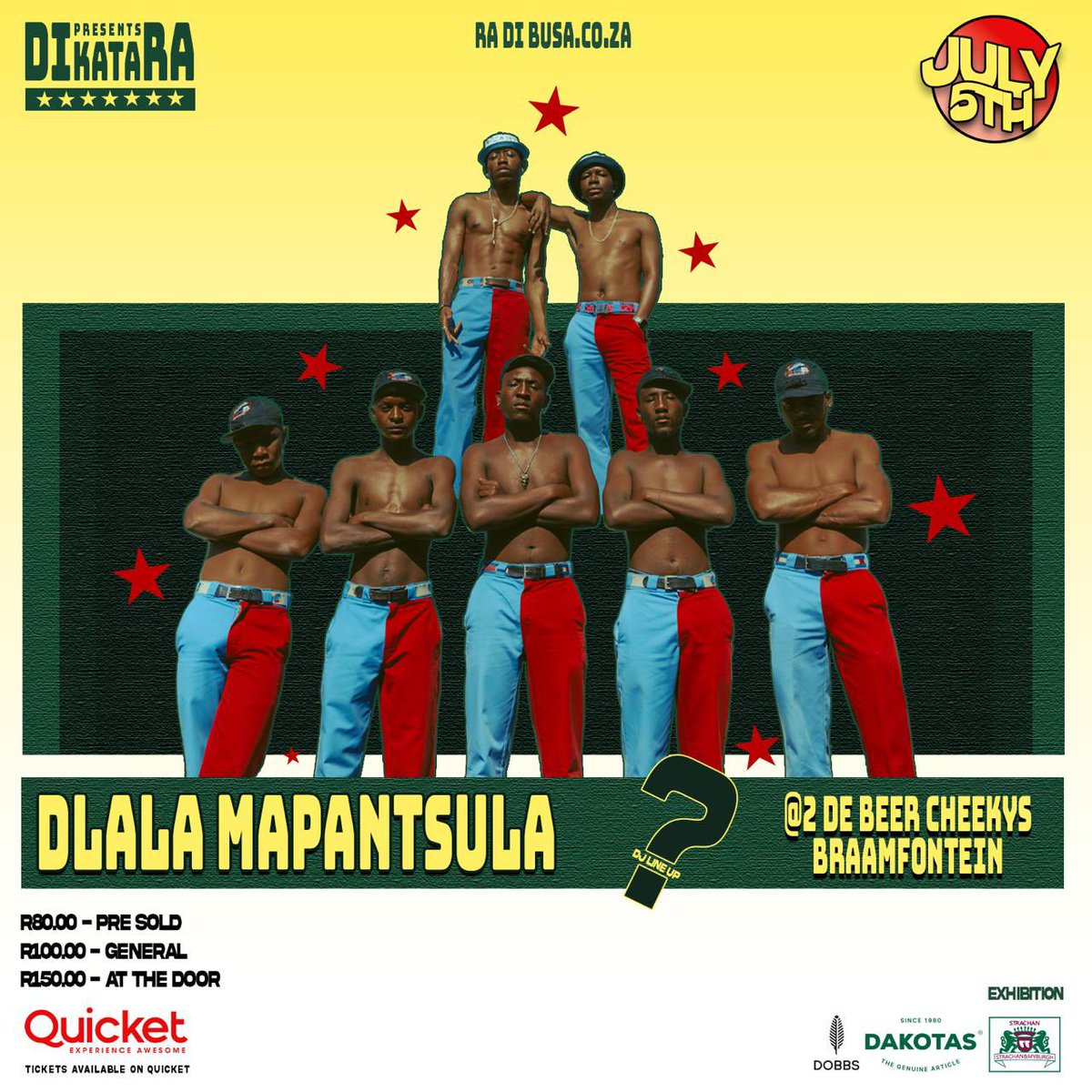 Dlala Mapantsula: The Return!
A tribute to Kwaito culture &amp; heritage.
🗓️ 5 July 
📍Cheeky’s, Braam
🕑 1PM till late

🎟️ Tickets in bio — come dressed for the culture.