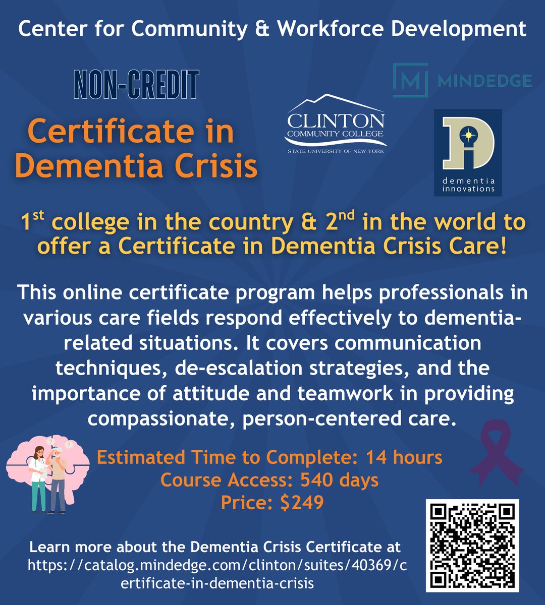 🧠 CCWD Non-credit Course Spotlight: Dementia Crisis Certificate 🧠

CCC is the 1st college in the U.S.—and 2nd in the world—to offer a Dementia Crisis Certificate!

Start your training today: catalog.mindedge.com/clinton/suites…