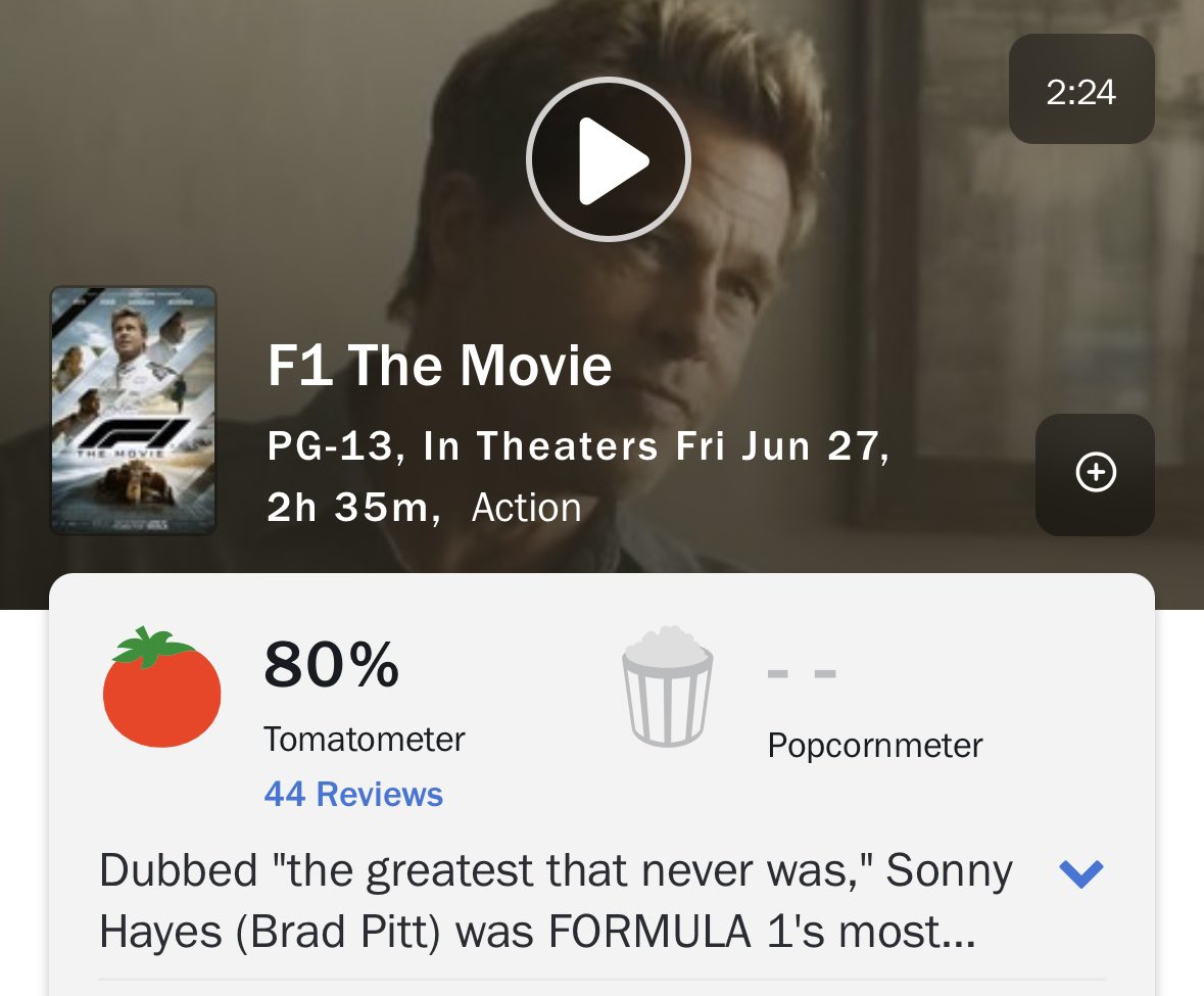 Davey Jon (@daveyjonporter) on Twitter photo #F1TheMovie debuts with an 80% criticâs score.
Looks fantastic! A âmust-seeâ on the big screen this summer.
Opens June 27th.
#AMC
<a href="/AMCTheatres/">AMC Theatres</a> #F1TheMovie debuts with an 80% criticâs score.
Looks fantastic! A âmust-seeâ on the big screen this summer.
Opens June 27th.
#AMC
<a href="/AMCTheatres/">AMC Theatres</a>