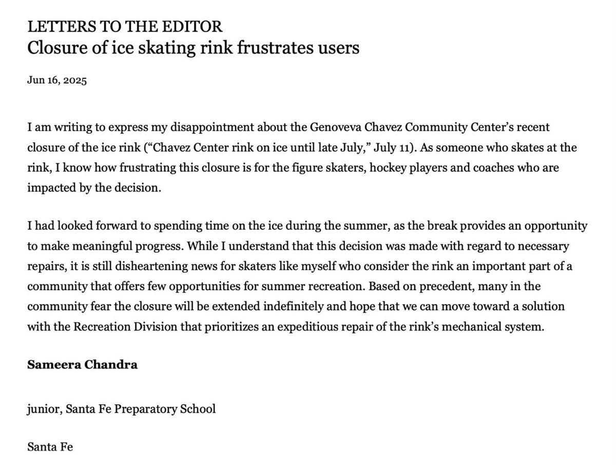 SantaFeSC's tweet image. “I had looked forward to spending time on the ice during the summer, as the break provides an opportunity to make meaningful progress.”

Sameera Chandra - Letter to the Editor @thenewmexican 

@SantaFeGov