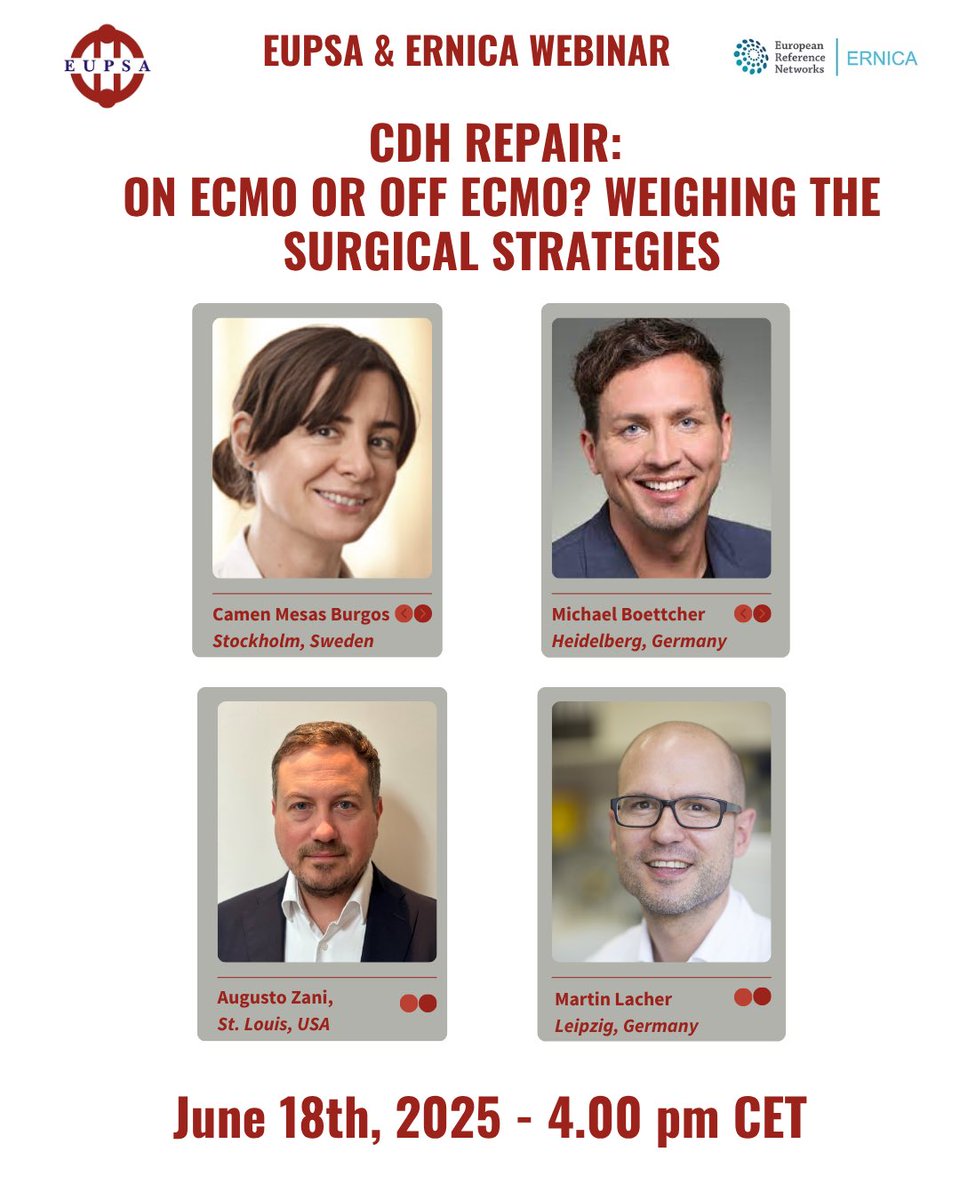 EupsaSurgeons's tweet image. Don’t miss the EUPSA & ERNICA joint webinar:
“CD Repair – On ECMO or Off ECMO?”
Top-level speakers!
🎙 Moderated by Augusto Zani & Martin Lacher
🗓 June 18 | 🕒 Free registration here ⬇️
🔗 bit.ly/400qoi0
#EUPSA #ERNICA #PediatricSurgery #CDH #ECMO