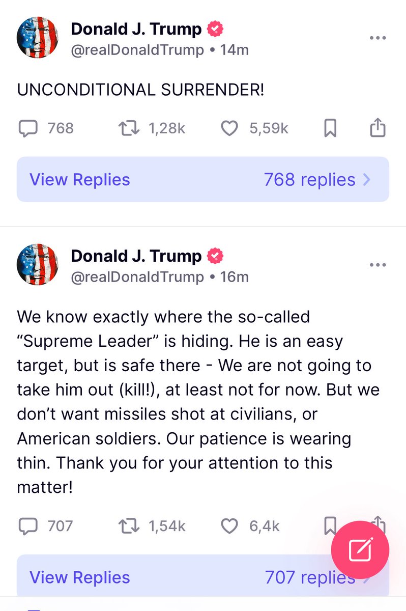 Dopo aver chiesto ai 9 mil di abitanti di Teheran di evacuare alle 3 di notte, Trump scrive “resa incondizionata”. Quando faceva cosi sui dazi i mercati bruciavano miliardi, quando si tratta di guerra questi messaggi possono bruciare vite. Ma al congresso sta accadendo
1/3