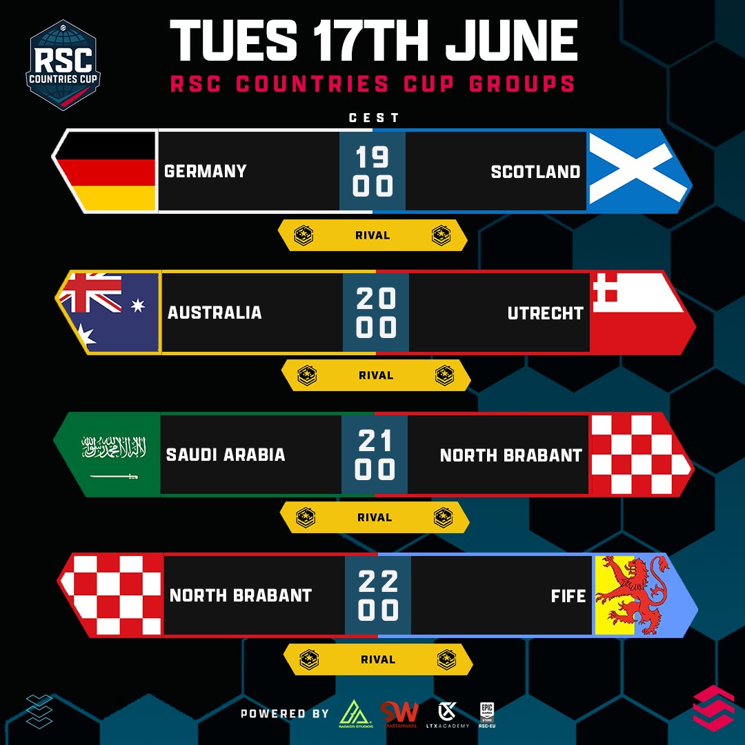 RSC EU (@rsc_eu) on Twitter photo 📣 Countries Cup: Group Stage! 📣
Scotland 🆚 Germany @ 19:00 CEST
Australia 🆚 Utrecht @ 20:00 CEST
Saudi Arabia 🆚 North Brabant @ 21:00 CEST
North Brabant 🆚 Fife @ 22:00 CEST
🎙 - <a href="/Klaus_Casts/">KlausCasts</a>, <a href="/SirPigasus/">SirPigasus 🎙🐷</a>, <a href="/WillKie_/">LM WillKie</a>, <a href="/CsgoVeiled/">Veiled</a>, <a href="/leccyspec/">leccyspec | Alec</a>, <a href="/Borkey_/">Borkey</a>
🎬 - <a href="/ThatGuyDed/">Mal :D</a> 📣 Countries Cup: Group Stage! 📣
Scotland 🆚 Germany @ 19:00 CEST
Australia 🆚 Utrecht @ 20:00 CEST
Saudi Arabia 🆚 North Brabant @ 21:00 CEST
North Brabant 🆚 Fife @ 22:00 CEST
🎙 - <a href="/Klaus_Casts/">KlausCasts</a>, <a href="/SirPigasus/">SirPigasus 🎙🐷</a>, <a href="/WillKie_/">LM WillKie</a>, <a href="/CsgoVeiled/">Veiled</a>, <a href="/leccyspec/">leccyspec | Alec</a>, <a href="/Borkey_/">Borkey</a>
🎬 - <a href="/ThatGuyDed/">Mal :D</a>