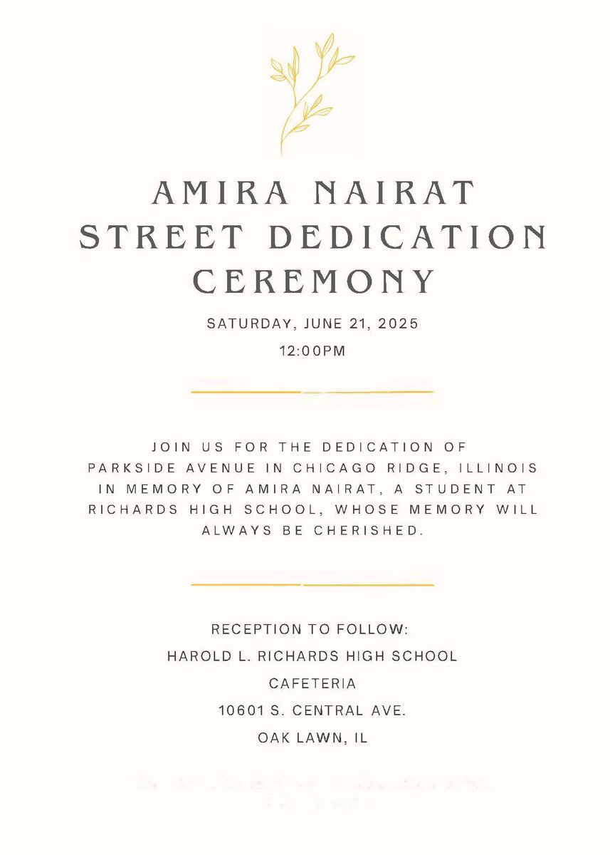 The community is invited to attend the Amira Nairat Street Dedication Ceremony on Saturday.

Amira was struck and killed by a suspected drunk driver when she was walking to school in 2019. She was 15 years old.

A memorial street sign will be revealed for Amira.