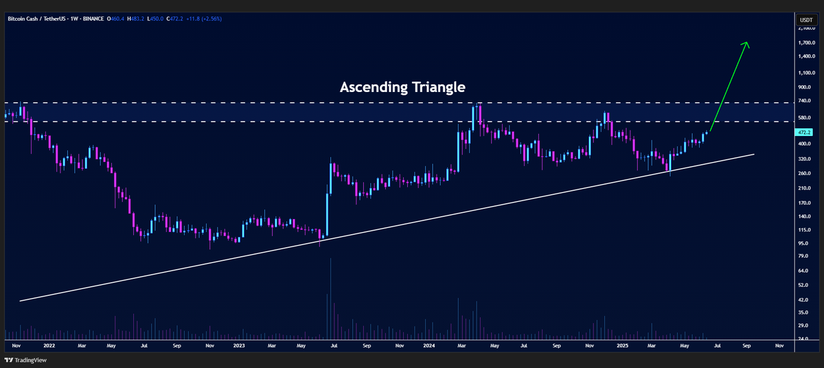 #BCH/USDT is printing the ascending triangle pattern on the weekly chart🧐

A breakout will bring a huge rally🚀