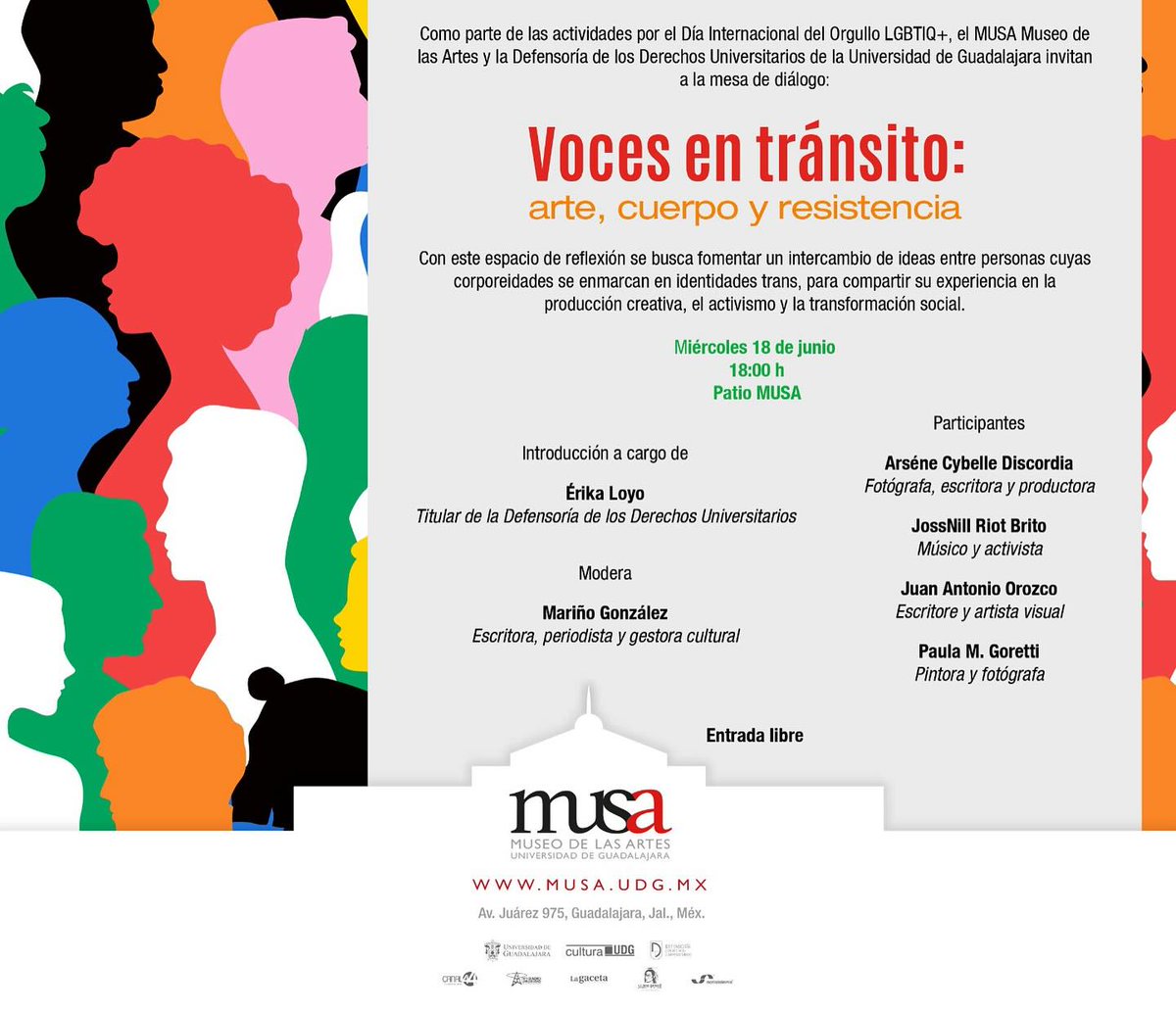 ✨Voces en tránsito: arte, cuerpo y resistencia Como parte de las actividades por el Día del Orgullo LGBTIQ+ te invitamos a un espacio para intercambiar ideas entre personas cuyas corporeidades se enmarcan en identidades trans.  18 de junio, 18:00 h <a href="/ErikaLoyoB/">Érika Loyo Beristáin</a>