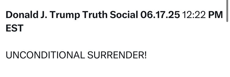 Starmer this morning:  "There is nothing the President said that suggests he's about to get involved in this conflict.”

Trump since then: