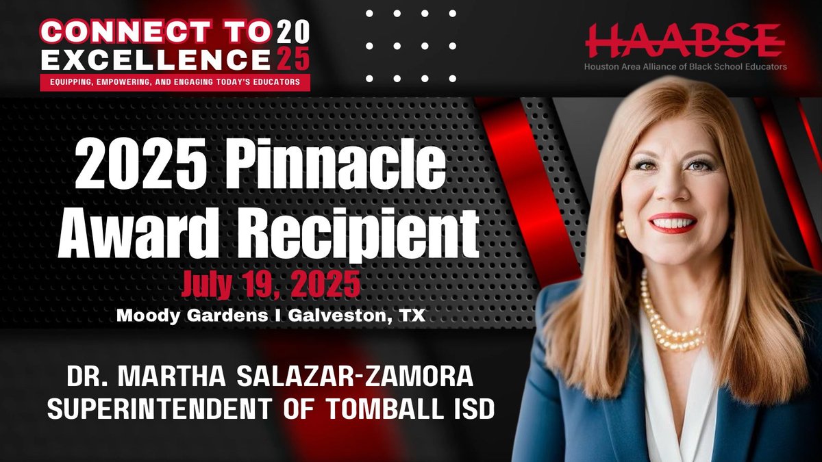 Proud of our Superintendent <a href="/m_salazarzamora/">Dr. Martha SalazarZamora</a> on being honored as the <a href="/HAABSE3/">HAABSE</a> Pinnacle Award Winner, recognizing educators who have made significant contributions to student success and educational excellence.

She will be honored at HAABSE's Conference, July 18-19 in Galveston.