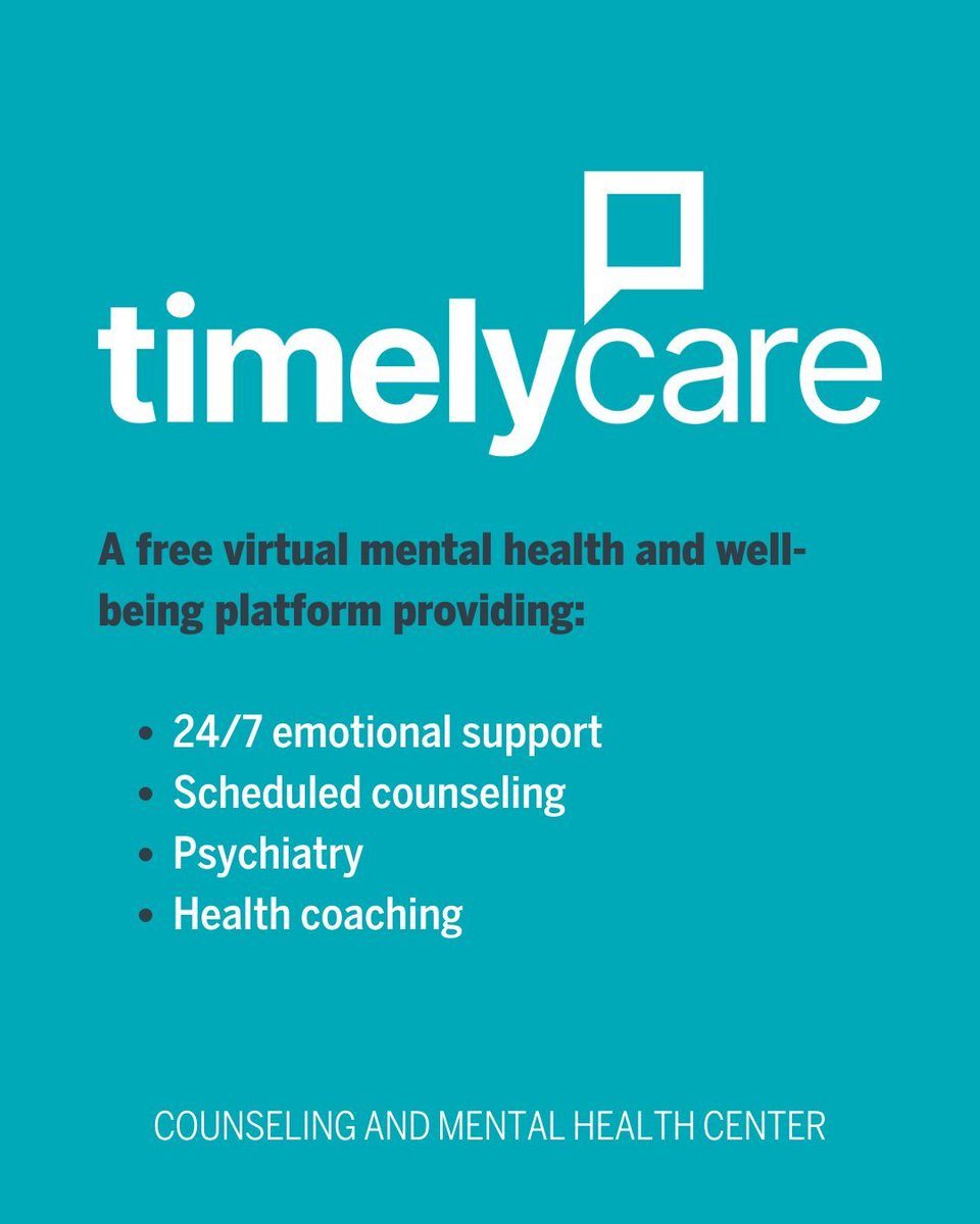 Healthyhorns's tweet image. This summer, use TimelyCare, a free 24/7 virtual mental health and well-being platform. Services include 24/7 on-demand emotional support, scheduled counseling, psychiatry, health coaching and self-care content.
More information: buff.ly/lcwnrga