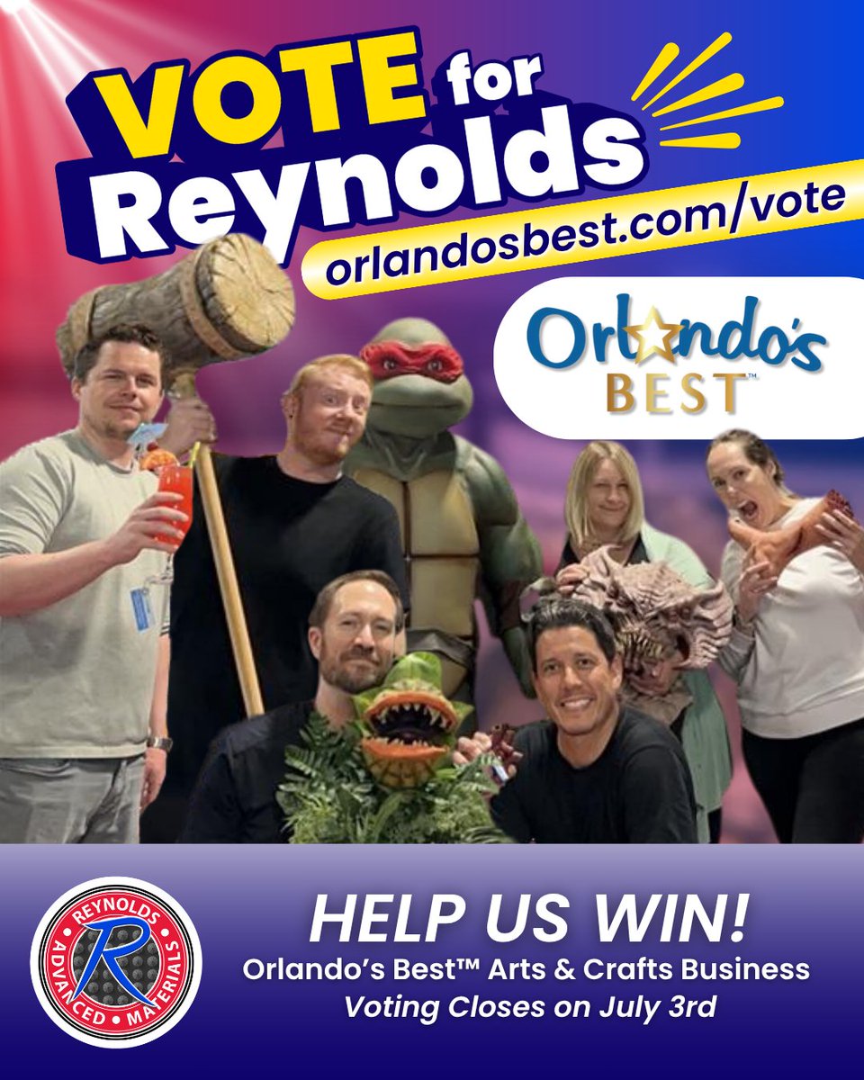 🎉 Big news 🎉
Reynolds Advanced Materials – Orlando has been nominated for Orlando’s Best™ Arts &amp; Crafts Business and we need YOUR vote to bring home the win! 🏆

🗳️ Vote here: orlandosbest.pulse.ly/gjo7j2pgcb

#orlandosbest #reynoldsadvancedmaterials #ramaterials #orlando