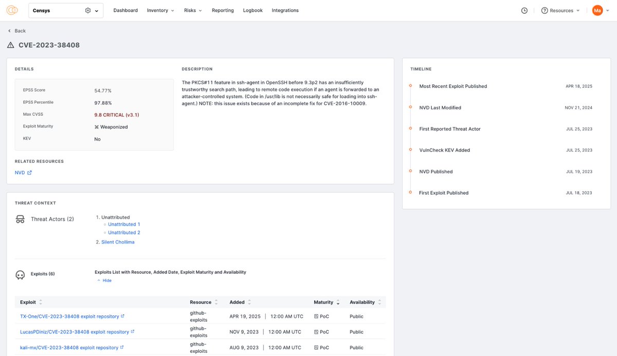 We’re excited to announce the release of CVE Exploit Context on Censys ASM! This new feature adds valuable insights to vulnerabilities that are exploited by attackers in the wild, helping security teams better prioritize risk.
hubs.ly/Q03skPzJ0
#ASM #ExposureManagement #CVE