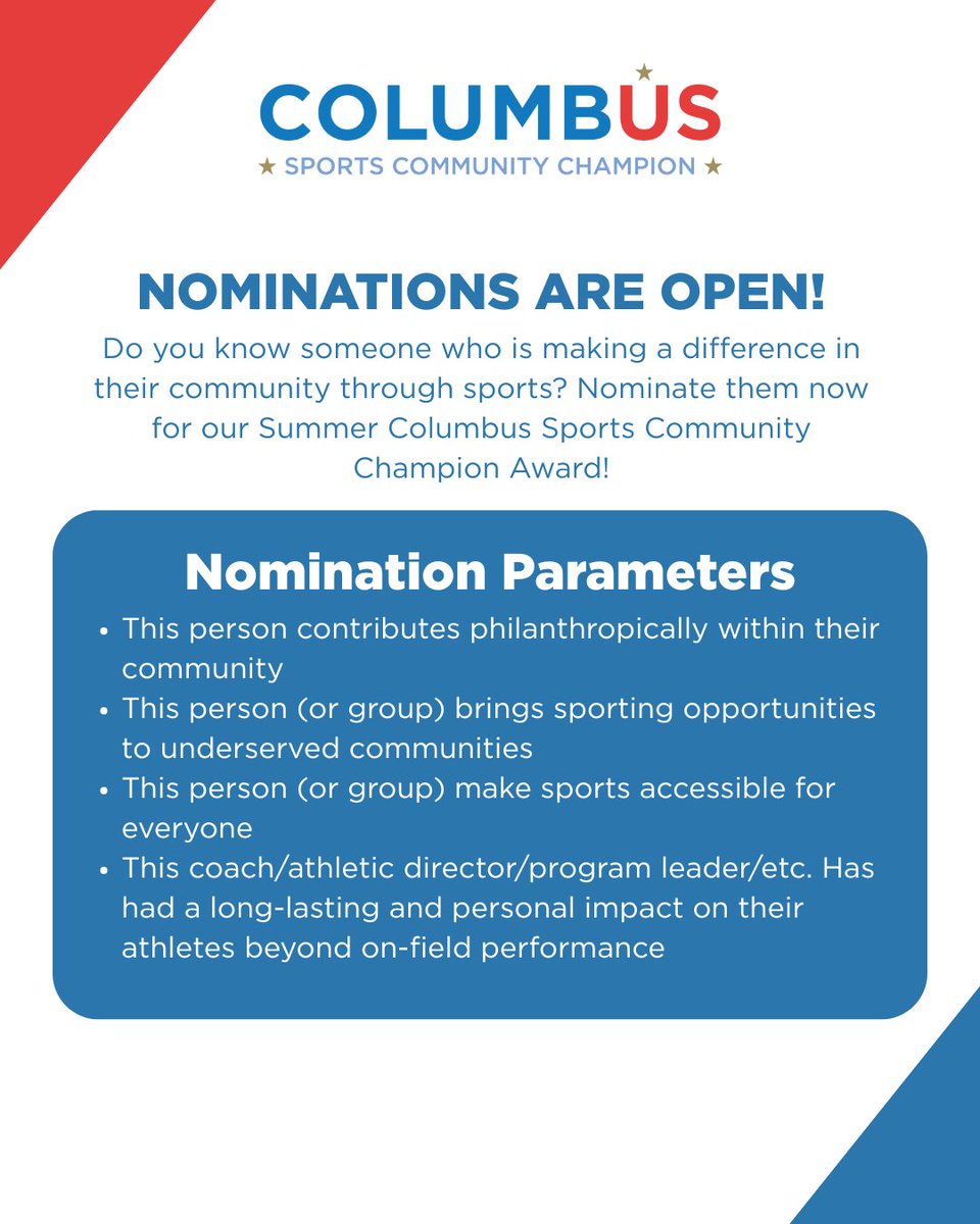 DON'T FORGET to nominate someone in your community who is making a difference through sports! We are accepting nominations for our summer Columbus Sports Community Champion Award now through June 30 ❤️ 

Submit your nomination ➡️ columbussports.org/communitychamp…