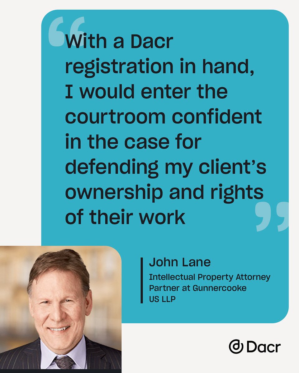 In the courtroom, proof of ownership is everything.

That’s why the best copyright and intellectual property attorneys trust Dacr. With every registration, you get timestamped proof that your work is yours — created by you, owned by you, and protected from the moment it’s