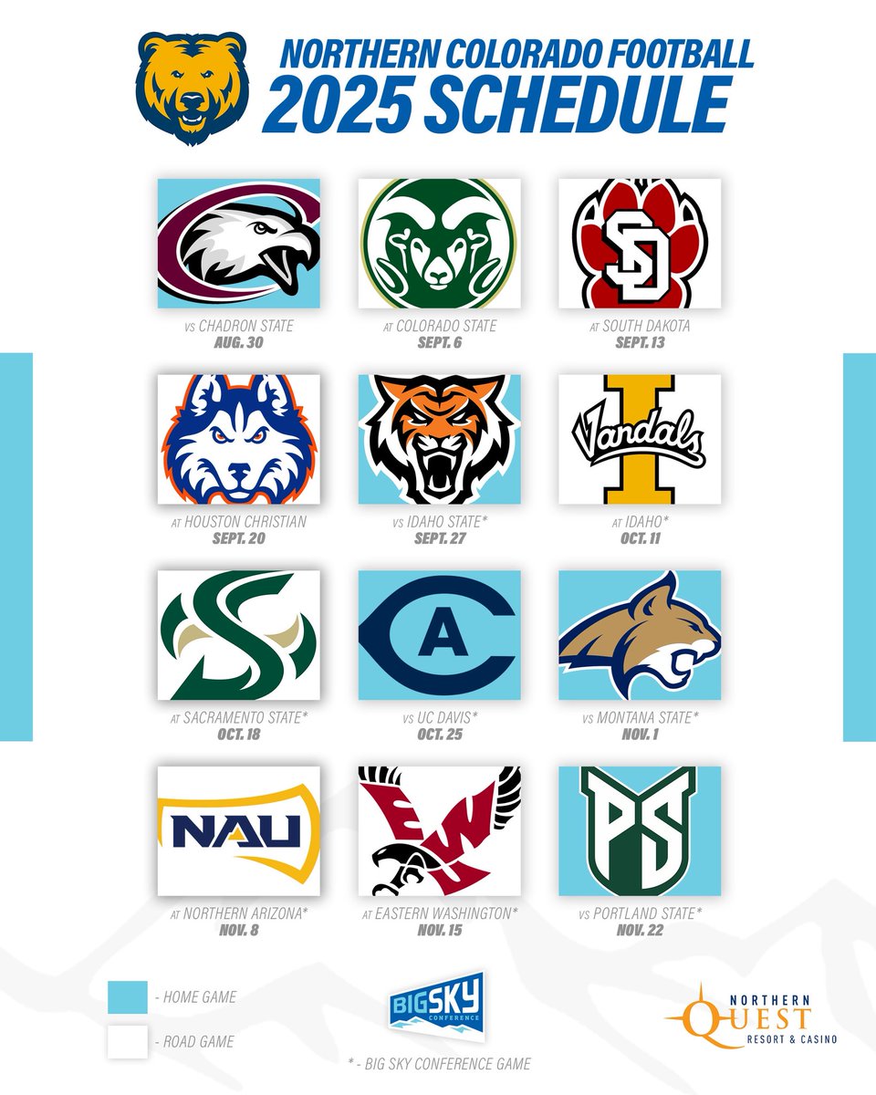 The 2025 slate for <a href="/UNC_BearsFB/">Northern Colorado Football</a> 

#ExperienceElevated