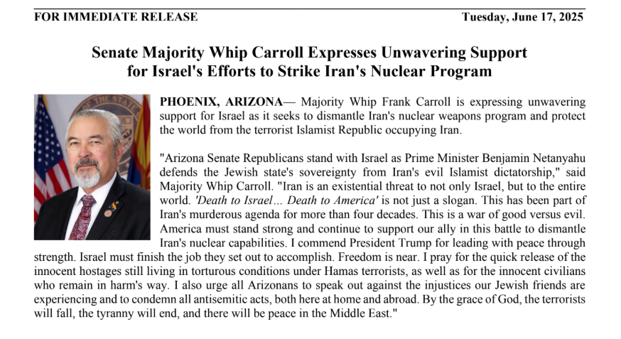 Chris Woodward (@reporterchrisw) on Twitter photo Inbox: #Arizona Senate Majority Whip Carroll Expresses Unwavering Support for #Israel's Efforts to Strike #Iran's Nuclear Program
<a href="/KimQuintero/">Kim Quintero</a> <a href="/AZSenateGOP/">AZSenateRepublicans</a> Inbox: #Arizona Senate Majority Whip Carroll Expresses Unwavering Support for #Israel's Efforts to Strike #Iran's Nuclear Program
<a href="/KimQuintero/">Kim Quintero</a> <a href="/AZSenateGOP/">AZSenateRepublicans</a>