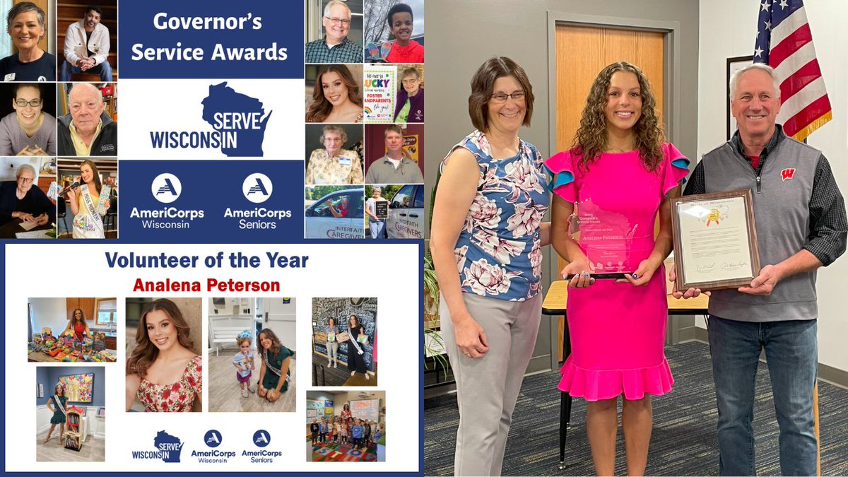 ServeWisconsin's tweet image. Congratulations to Analena Peterson, Volunteer of the Year honoree at the 2025 Governor’s Service Awards!
Watch Analena receive her award & hear about her efforts to promote literacy by collecting, sorting, & donating +25,000 to local nonprofits
VIDEO: youtu.be/mcyeGtaWonM