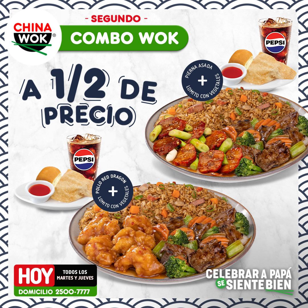 ¡Hoy consiente a papá como se merece!👨‍👧‍👦 El segundo Combo Wok a mitad de precio. Porque celebrar a papá se siente bien.
Pide al 2500-7777 💚📞 o visita tu China Wok más cercano.